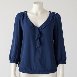 Saks Fifth Avenue 100% Silk Ruffle Blouse – Size 6 – Matte Silk – Navy